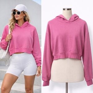 Old Navy | EUC Cotton Bright Pink Cropped Pullover Hoodie Sweatshirt (size M)